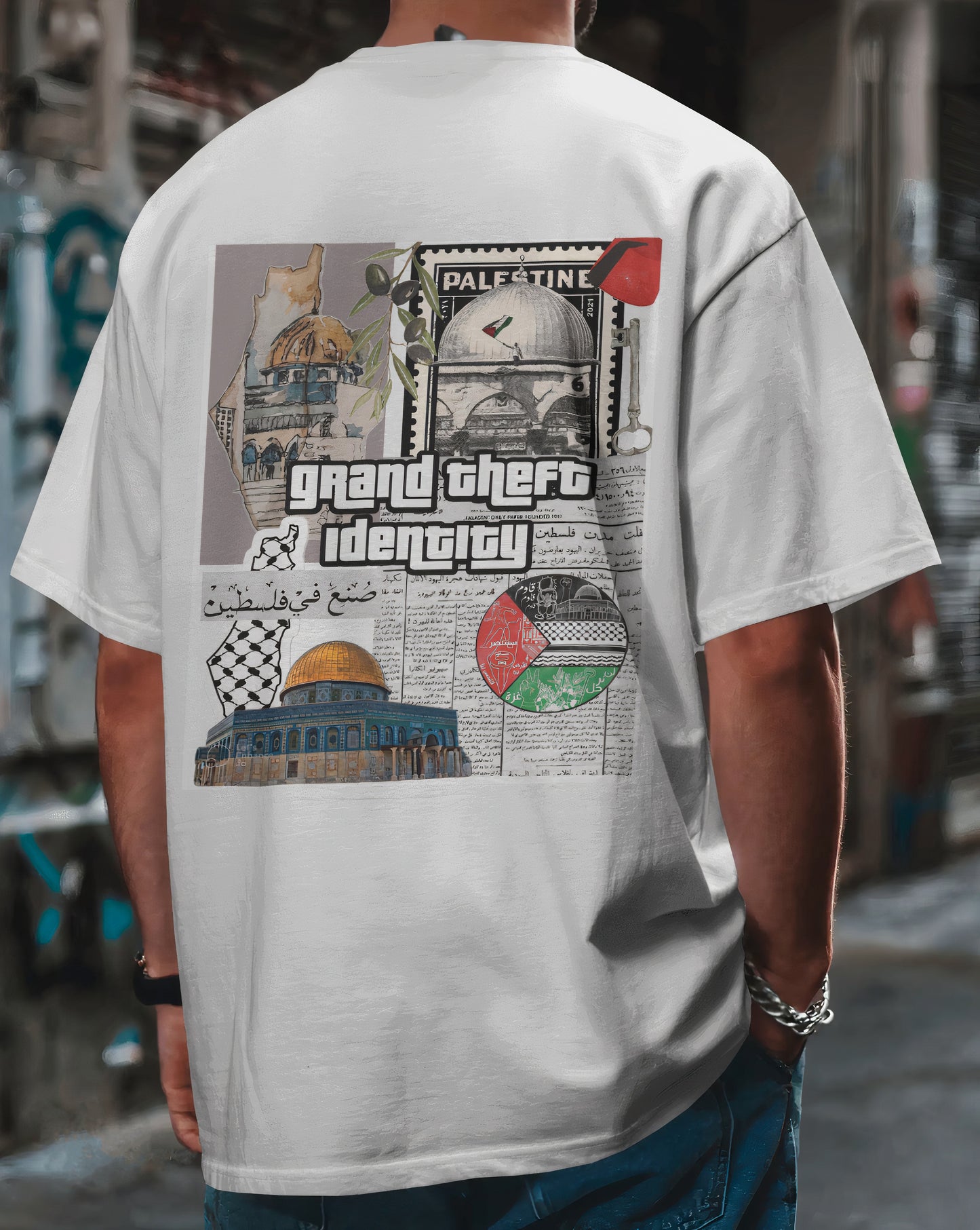 "Grand Theft Identity" Statement Tee – Free Palestine Graphic T-Shirt