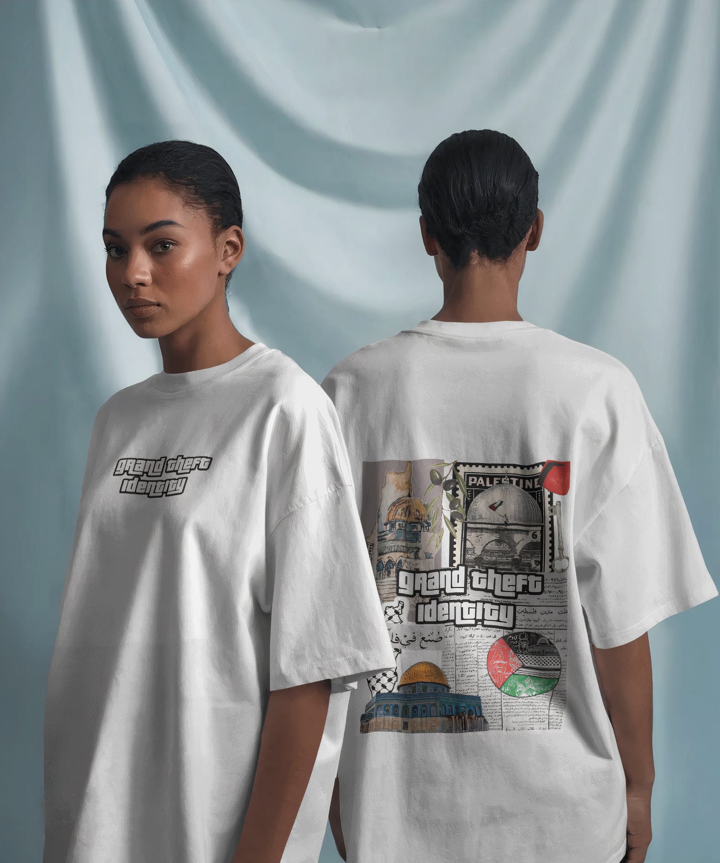 "Grand Theft Identity" Statement Tee – Free Palestine Graphic T-Shirt