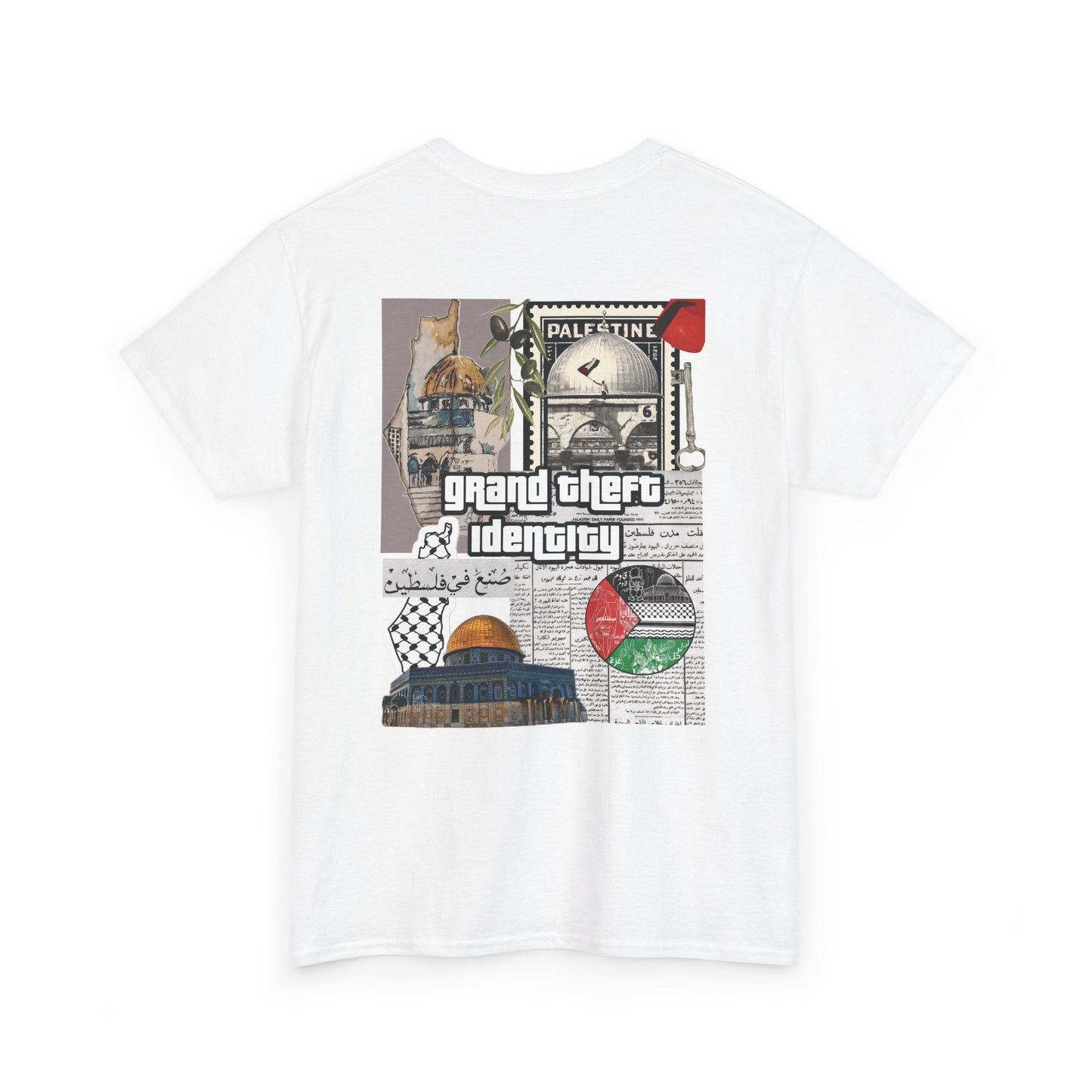 "Grand Theft Identity" Statement Tee – Free Palestine Graphic T-Shirt